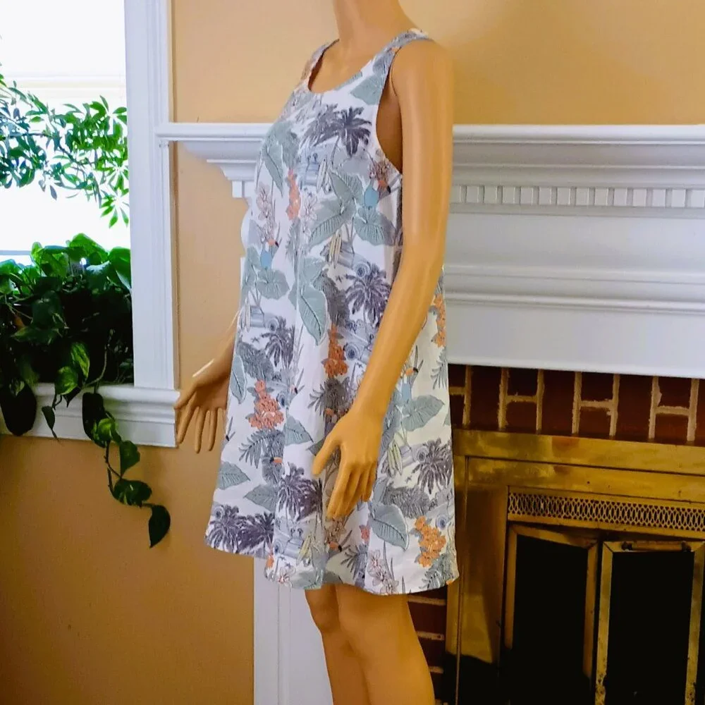 Artisan NY Floral Linen A-line Dress S Tropical Island Side Pockets Sleeveless